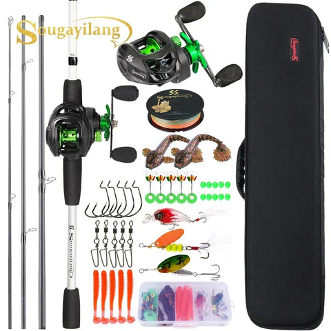Sougayilang Baitcasting Fishing Rod Kits Carbon Fiber 4Sections Casting Rod and Metal Spool Reel for Freshwater Bass Fishing Set