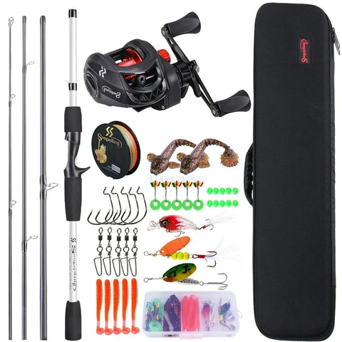 Sougayilang Baitcasting Fishing Rod Kits Carbon Fiber 4Sections Casting Rod and Metal Spool Reel for Freshwater Bass Fishing Set