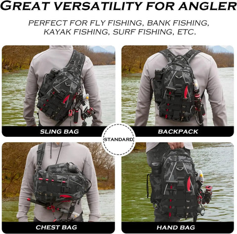 Fishing Backpack Tackle Sling Bag - Fishing Backpack with Rod Holder - Tackle Box Fly Fishing Gifts for Men Women