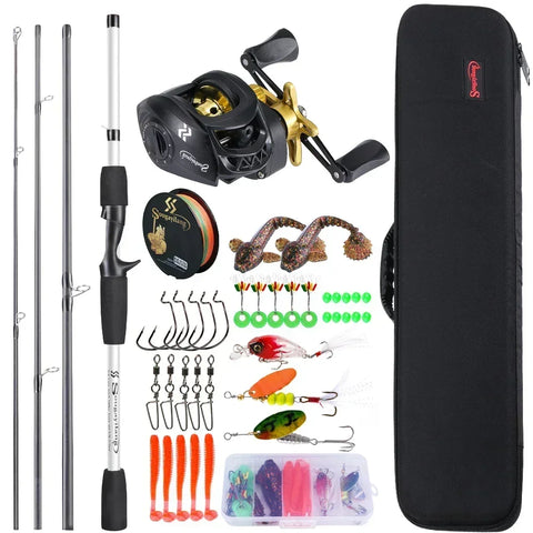 Sougayilang Baitcasting Fishing Rod Kits Carbon Fiber 4Sections Casting Rod and Metal Spool Reel for Freshwater Bass Fishing Set