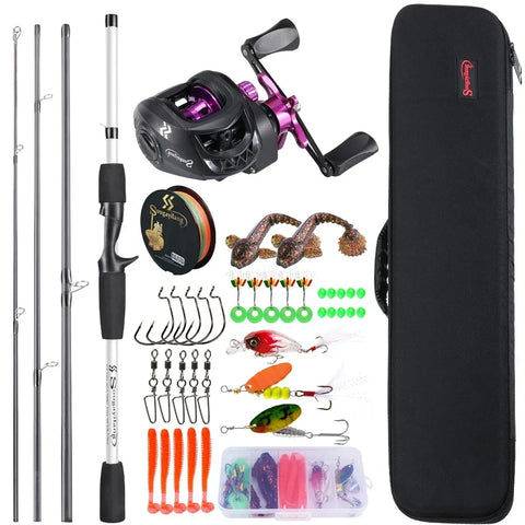 Sougayilang Baitcasting Fishing Rod Kits Carbon Fiber 4Sections Casting Rod and Metal Spool Reel for Freshwater Bass Fishing Set