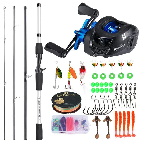 Sougayilang Baitcasting Fishing Rod Kits Carbon Fiber 4Sections Casting Rod and Metal Spool Reel for Freshwater Bass Fishing Set