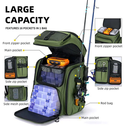 Fishing Backpack with Rod Holders Multifunctional Fish Tackle Rucksack Lure Organizer Storage Bag Outdoor Hiking Hunting Bagpack
