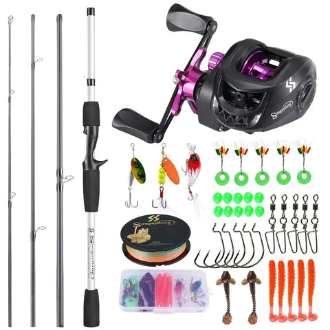Sougayilang Baitcasting Fishing Rod Kits Carbon Fiber 4Sections Casting Rod and Metal Spool Reel for Freshwater Bass Fishing Set