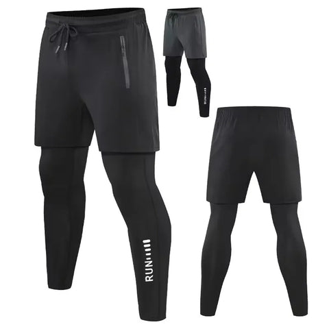 Men 2 In 1 Running Pants Double Layer Pant Tight Training Basketball Legging Fitness Sweatpant With Pockets Running Trousers