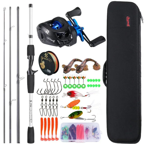 Sougayilang Baitcasting Fishing Rod Kits Carbon Fiber 4Sections Casting Rod and Metal Spool Reel for Freshwater Bass Fishing Set
