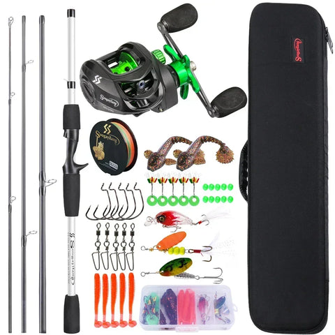 Sougayilang Baitcasting Fishing Rod Kits Carbon Fiber 4Sections Casting Rod and Metal Spool Reel for Freshwater Bass Fishing Set
