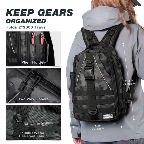 Fishing Backpack Tackle Sling Bag - Fishing Backpack with Rod Holder - Tackle Box Fly Fishing Gifts for Men Women