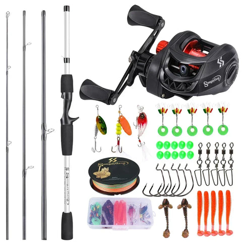 Sougayilang Baitcasting Fishing Rod Kits Carbon Fiber 4Sections Casting Rod and Metal Spool Reel for Freshwater Bass Fishing Set