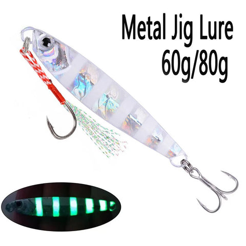 Ocean Boat Beach Seawater Fishing Drag Metal Jigging Lures 60g 80g Artificial Bait for Spanish Mackerel Bass Casting Spoons Jigs