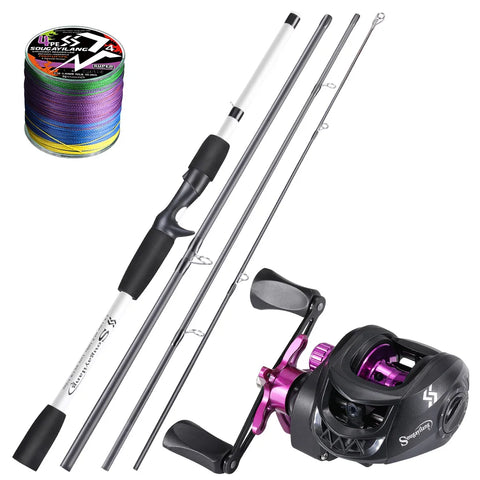 Sougayilang Baitcasting Fishing Rod Kits Carbon Fiber 4Sections Casting Rod and Metal Spool Reel for Freshwater Bass Fishing Set