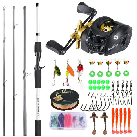 Sougayilang Baitcasting Fishing Rod Kits Carbon Fiber 4Sections Casting Rod and Metal Spool Reel for Freshwater Bass Fishing Set