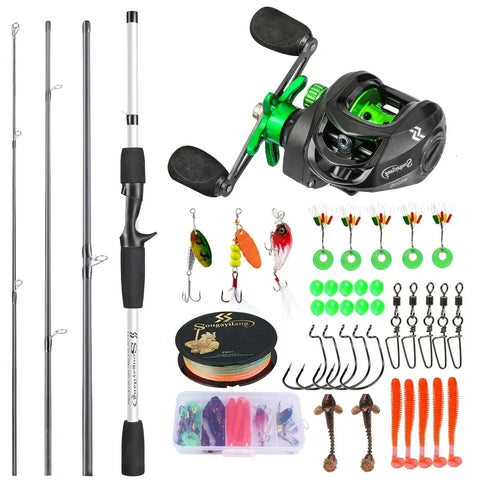 Sougayilang Baitcasting Fishing Rod Kits Carbon Fiber 4Sections Casting Rod and Metal Spool Reel for Freshwater Bass Fishing Set