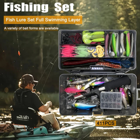 411pcs Fishing Lure Kit For Trout/Pike/Bass Multi-Lure Fishing Set Layered Tackle Pro Gear Tackle Box for Trout/Mackerel/Bass