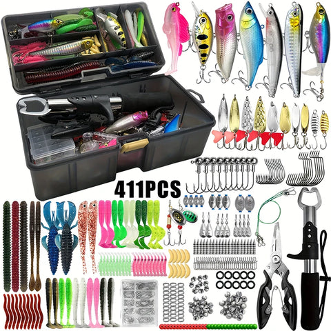 411pcs Fishing Lure Kit For Trout/Pike/Bass Multi-Lure Fishing Set Layered Tackle Pro Gear Tackle Box for Trout/Mackerel/Bass